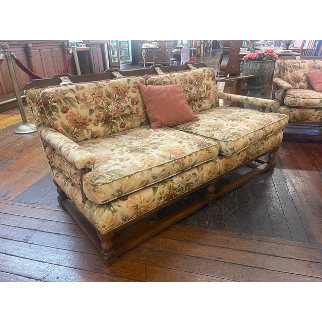 Vintage English Style Floral Upholstered Sofa With Carved Wood Frame For Sale In Los Angeles - Image 6 of 11