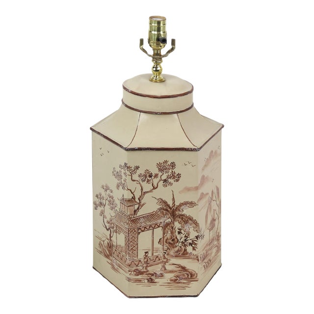 Vintage English Export Tea Caddy Hand-Painted Colored Chinoiserie Table Lamp.retro Hexagon Lamp For Sale