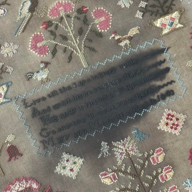 Mid 19th Century 1843 American Pictorial Folk Art Needlework Sampler in 1840s Flame Grain Veneer Frame For Sale - Image 5 of 10