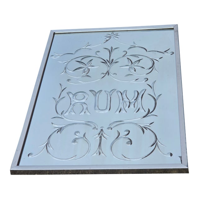 Antique Reverse Cut Bar Back "Rum" Mirror in Modern Frame For Sale