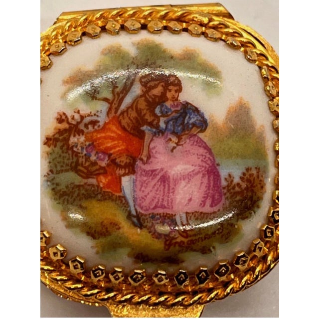 Metal Vintage Italian Porcellane Limoges Pill Box Gold Florentine Fragonard Courting For Sale - Image 7 of 12