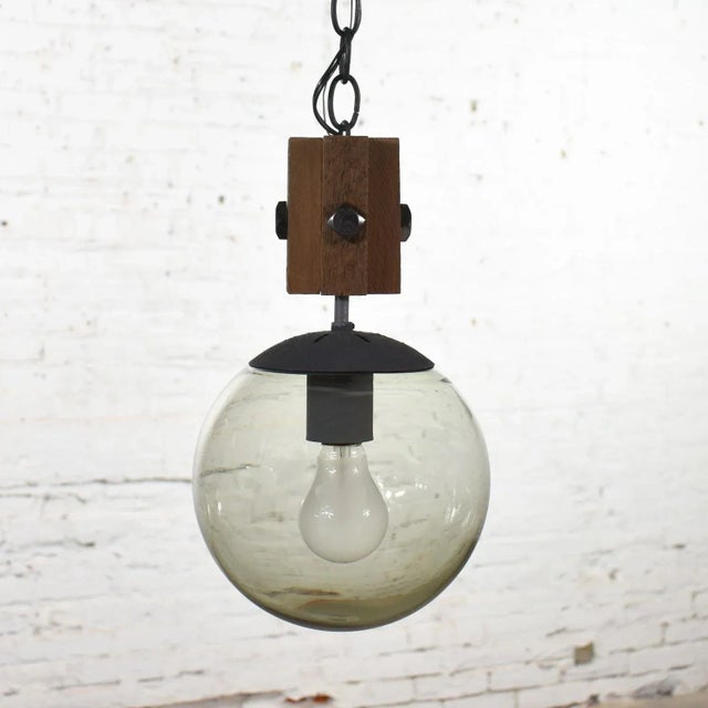 Mid Century Modern Brutalist Pendant Light Wood & Smoked Glass Globe Black Chain N O S For Sale - Image 12 of 13