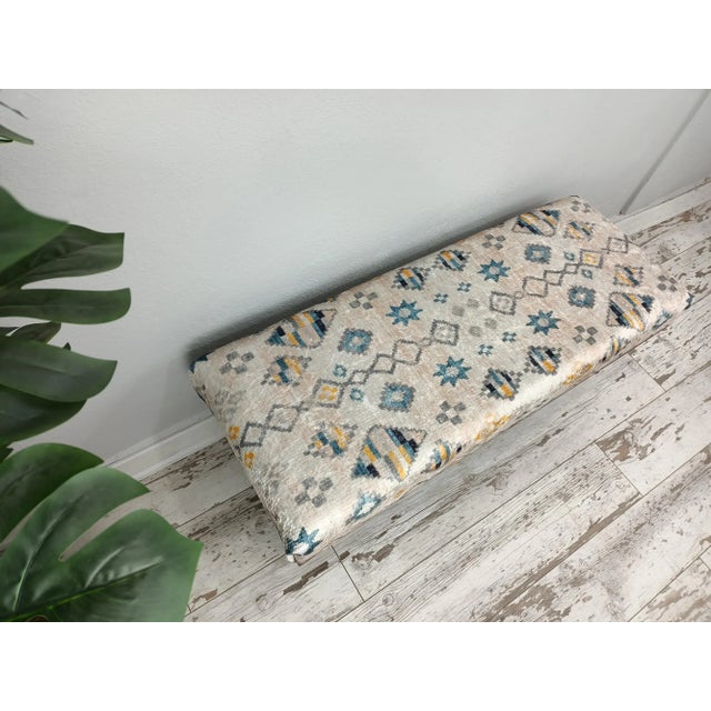 Handmade Tan Rug Print Fabric Upholstered Bench For Sale - Image 10 of 11