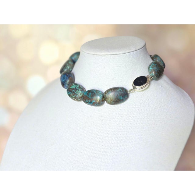 Late 20th Century Vintage Arizona Chrysocolla Statement Necklace, Large Natural Gemstone Beads, Sterling Silver Karl Lagerfeld Clasp, Boho Jewelry For Sale - Image 5 of 10