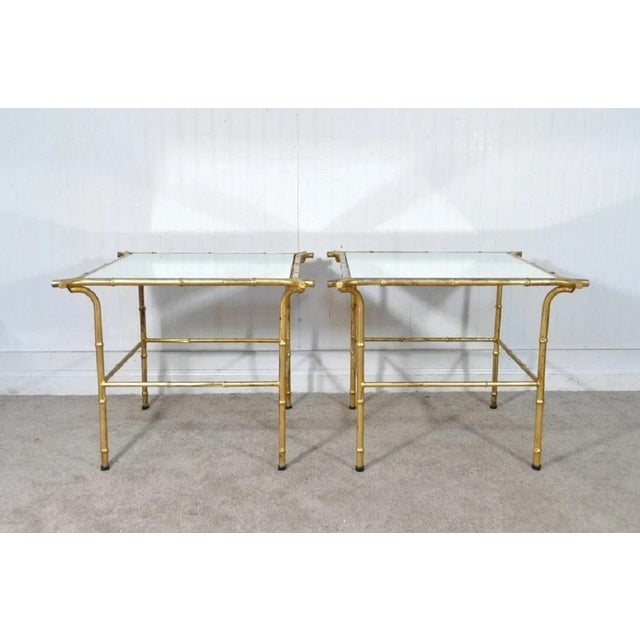 Mid 20th Century Vintage Italian Hollywood Regency Faux Bamboo Gold Mirror Low Side Tables - Pair For Sale - Image 5 of 10