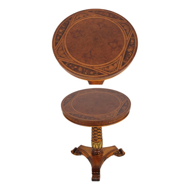 Gorgeous Burl Wood Inlaid Round Accent Table For Sale