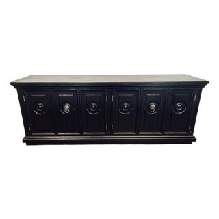 Vintage Black Oak Wood Sideboard Buffet, 6-Door Raised Panel Freestanding Cabinet For Sale