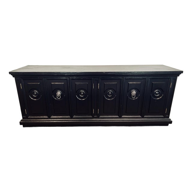 Vintage Black Oak Wood Sideboard Buffet, 6-Door Raised Panel Freestanding Cabinet For Sale