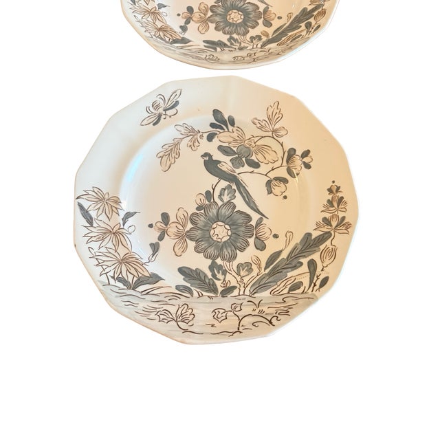 William Adams and Company Vintage Adams India Parrot Gray Chinoiserie Ironstone Dinner Plates, Pair For Sale - Image 4 of 7