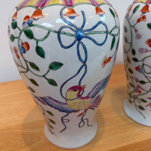 Pair of Altfield Hong Kong Hand-Painted Chinoiserie Bird & Floral Porcelain Vases, 14” For Sale - Image 4 of 12