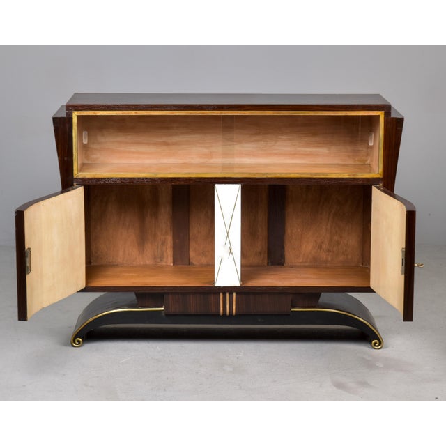 Art Deco French Art Deco Rosewood and Brass Buffet With Sliding Glass Doors at Top For Sale - Image 3 of 12