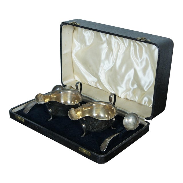 Antique 1936 Edward Viner Sterling Silver Gravy Sauce Boats & Ladles Box Set- 4 Pieces For Sale