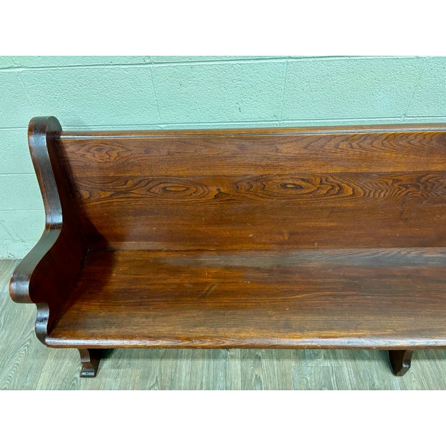 Antique American Gothic Revival 8 Ft Carved Solid Oak Church Pew For Sale - Image 10 of 12