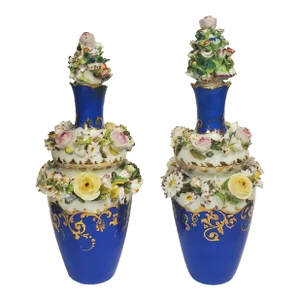 Jacob Petit - Antique Pair of Porcelain Flower Encrusted Scent Bottles With Stoppers