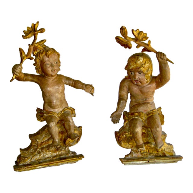 Pair of Baroque Italian Sculpted Gilded Putti 17 Century For Sale