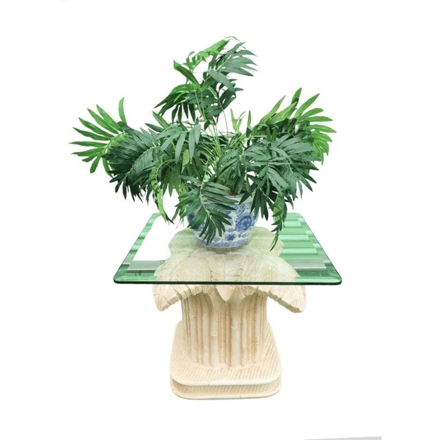 Traditional Vintage Plaster Cream Palm Beach Regency Leaf Palm Glass Top Side Table For Sale - Image 3 of 7