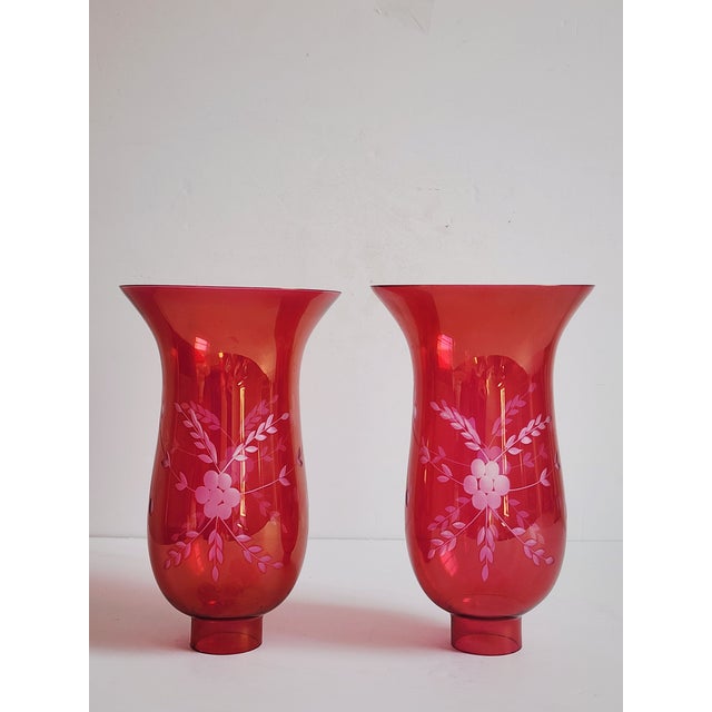 Cranberry Glass Uricane Lamp Shades-a Pair For Sale - Image 4 of 12