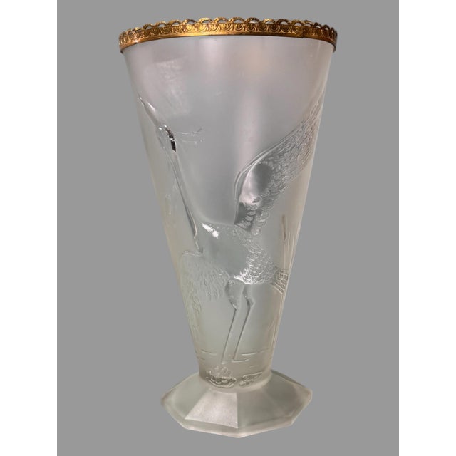 Vintage Czech Style Art Deco Embossed Satin Glass Libochovice 10" Heron Egret Vase For Sale - Image 4 of 11