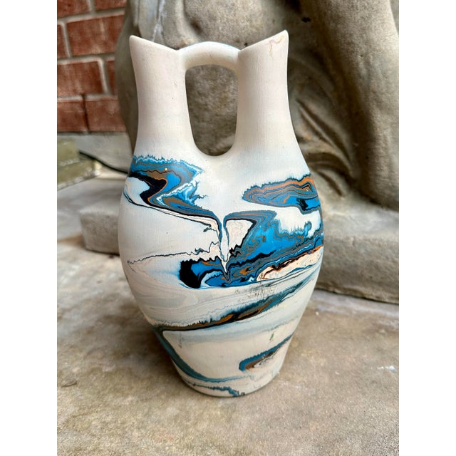 Native American Vintage Nemadji Pottery Marbled Wedding Vase | Native American Style Double-Spout Vessel For Sale - Image 3 of 7