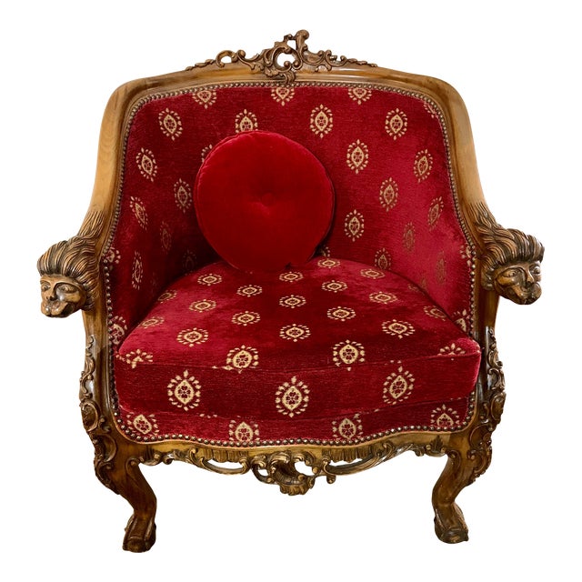 Late 19th Century Red Chenille Figural Hand Carved Cedar of Lebanon Regal Club Chair For Sale