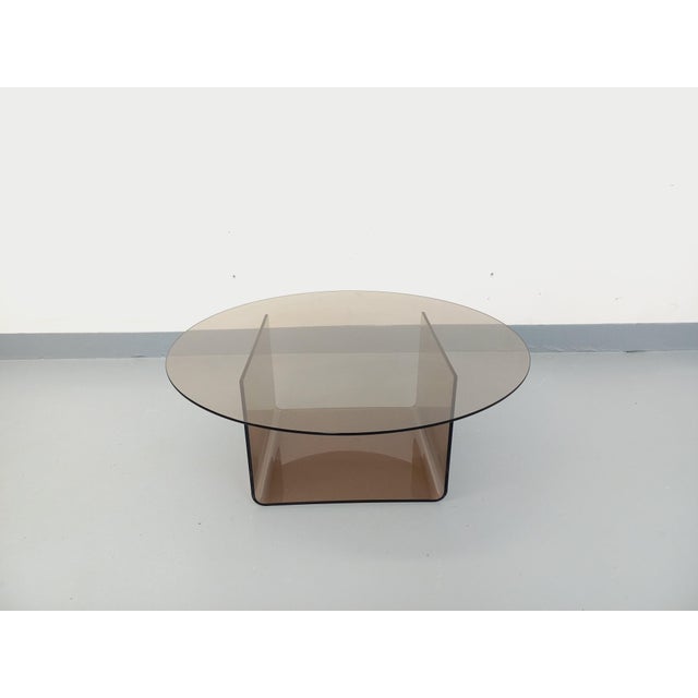 Vintage 1970s Space Age style coffee table, round smoked glass top, original and stylish smoked acrylic glass base, very...