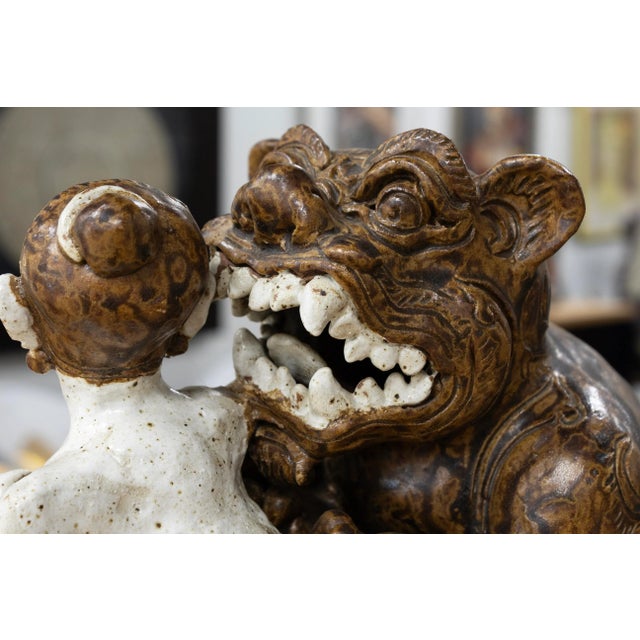 Brown Antique Asian Ceramic - Male Figure With Dragon, C. 20th Century Collectables For Sale - Image 8 of 9