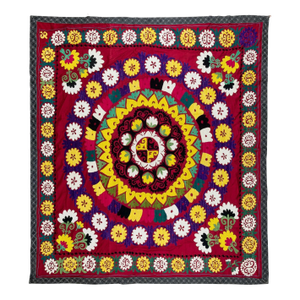 6x6.3 Ft Vintage Silk Embroidery Bedspread, Central Asian Suzani Tablecloth