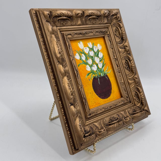 2020s Original Floral Still Life Painting White Tulips in Gold Ornate Frame - Signed “Cathy” For Sale - Image 5 of 10
