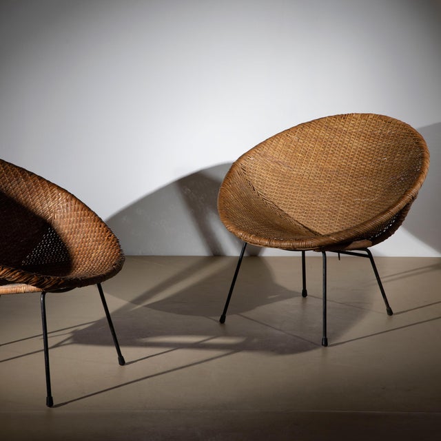 1950s Mid-Century Modern Woven Rattan and Metal Cone Chairs, Italy, 1950s, Set of 2 For Sale - Image 5 of 10