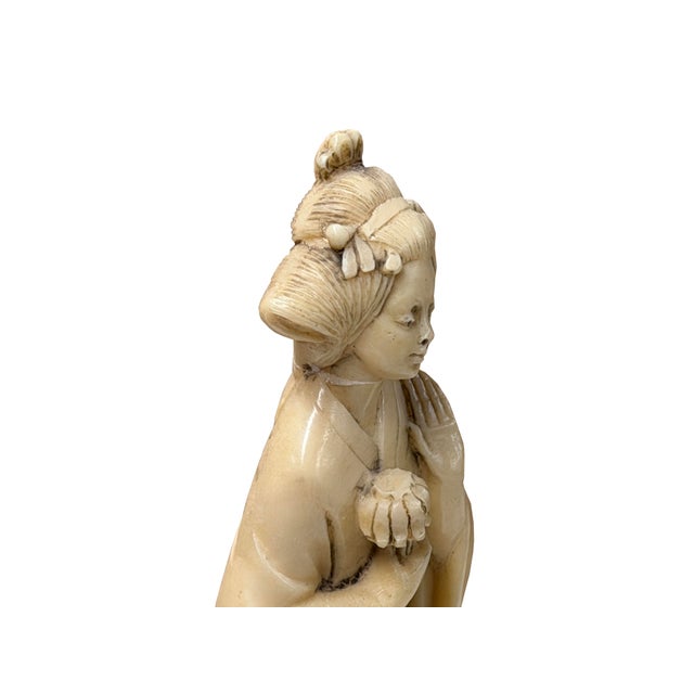 Vintage Asian Cow Bone Carved Lady W Gentleman Music Playing Figure Art For Sale - Image 10 of 11