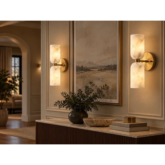 Bring warmth and natural stone character to the interior with this pair of handcrafted brass and natural alabaster double...