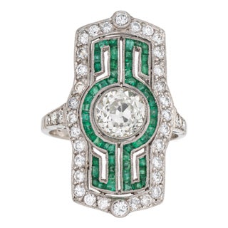 Vintage Art Deco 2.16ct Diamond Ring Calibre Emeralds Sz 7 Platinum Elongated For Sale