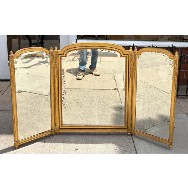 19th Century Antique Louis XVI Style Giltwood Tryptic Vanity Table Mirror For Sale - Image 5 of 5