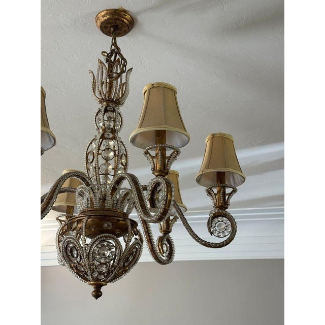 Vintage 1960s Regency Six Arm Chandelier With Gilt Iron and Crystal Beads For Sale - Image 10 of 13
