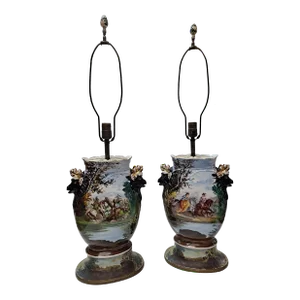 Pair of 19th Century French Porcelain Hand Painted & Gilded Scenic Table Lamps