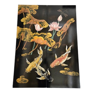 Mid 20th Century Two Panel Black Lacquered Koi Fish Lotus Flower With Dragon Fly Artist Signed For Sale