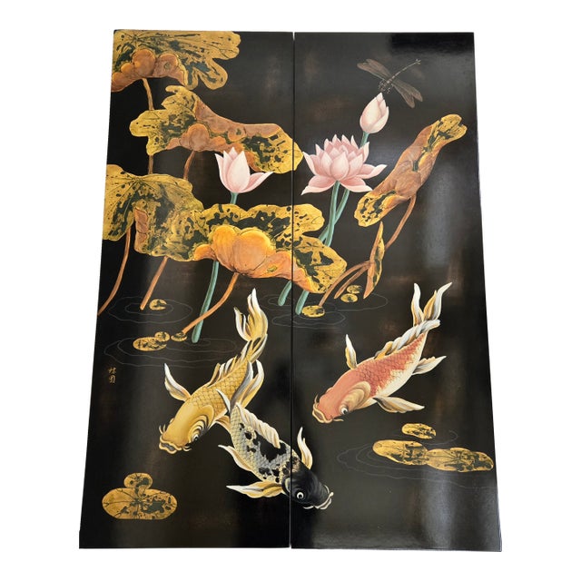 Mid 20th Century Two Panel Black Lacquered Koi Fish Lotus Flower With Dragon Fly Artist Signed For Sale