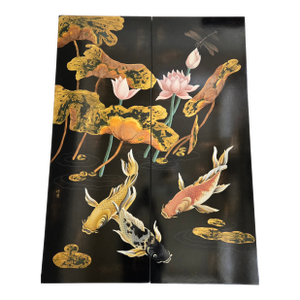 Mid 20th Century Two Panel Black Lacquered Koi Fish Lotus Flower With Dragon Fly Artist Signed