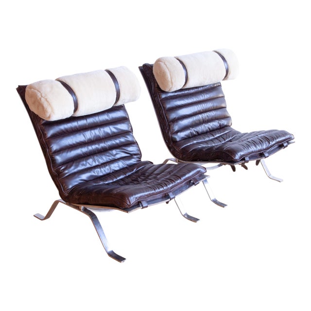 A Pair of "Ari" Brown Leather Chrome Lounge Chairs Attributed to Arne Norell C. 1970s. For Sale