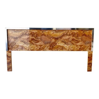 Mid Century Modern Burl Wood Laminate and Chrome King Size Headboard For Sale