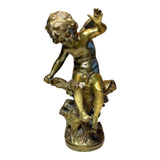 Brass Angelic Putti Sculpture W Butterfly Signed For Sale