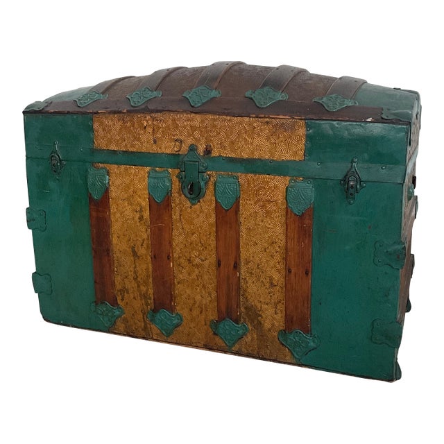 Large Antique Victorian Oak Banded Dome Top Steamer Trunk Chest, Maier For Sale