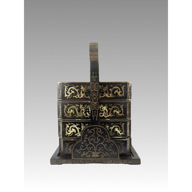 Old Chinese Black Lacquer With Gold 'Dragons and Bats' Wedding Chest or Tiered Long Life Storage Box For Sale - Image 4 of 12