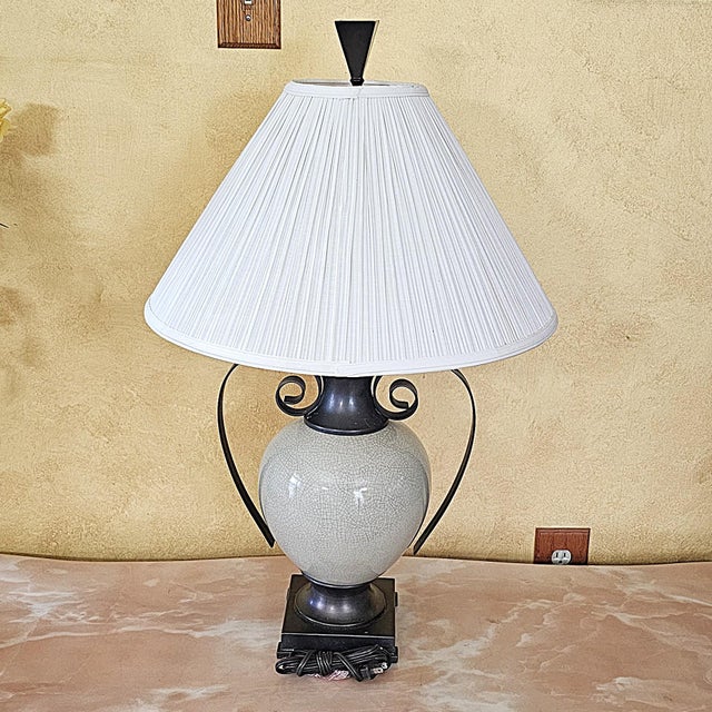 Late 20th Century Ashley Gavivi Style Crackle-Glaze Ceramic Urn & Bronze Scroll Table Lamp For Sale - Image 5 of 18