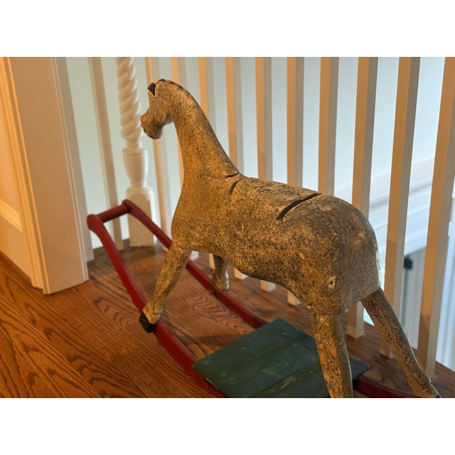 Shabby Chic Antique Hand-Carved Wooden Rocking Horse With Original Painted Finish For Sale - Image 3 of 8