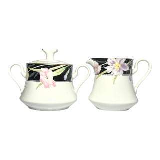 1980sMikasa “Charisma, Black” Porcelain Sugar Bowl & Creamer Set For Sale