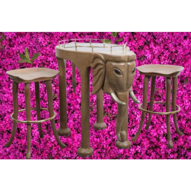 Tan Late 20th Century Marge Carson Hollywood Regency Elephant Bar Cart With Matching Bar Stools, 3 Pieces For Sale - Image 8 of 11
