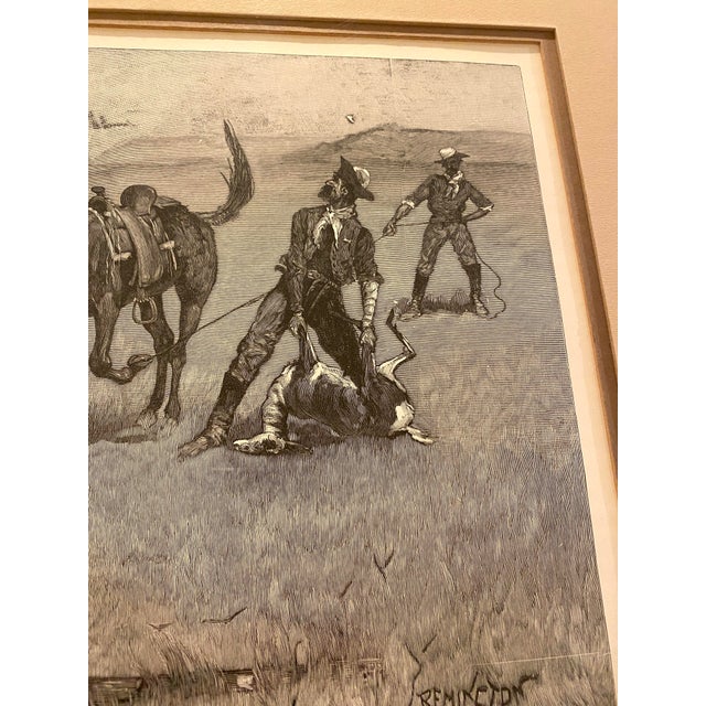 1970s Frederic Remington Wood Engraving "Teaching a Mustang Pony to Pack Dead Game" Western Cowboys Horses For Sale - Image 4 of 10