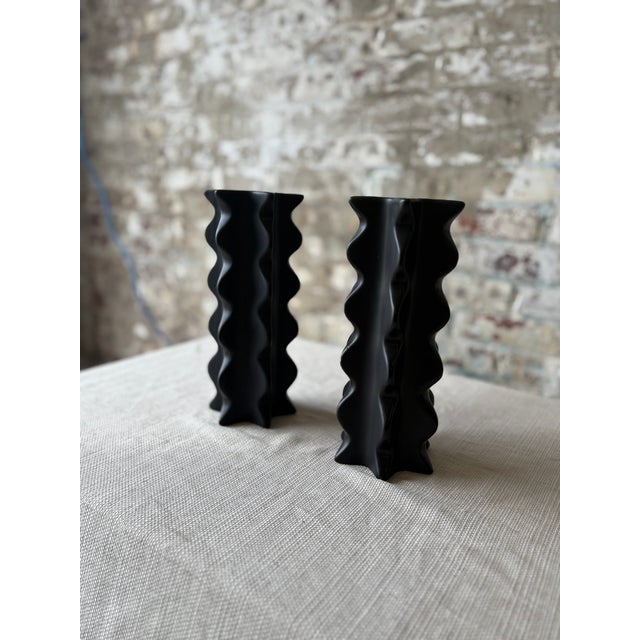Contemporary Set of 2 Sculptural Matte Black Bud Vases For Sale - Image 3 of 6
