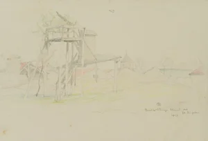 H. Christianen, Observation Post Near a Town, 1917, Pencil